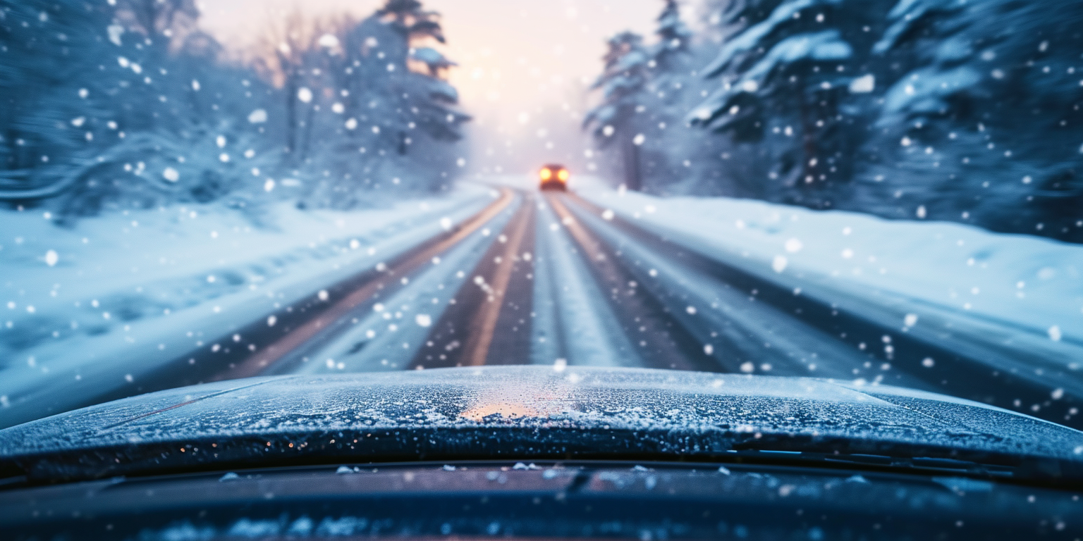 Winter car front windshield exterior view