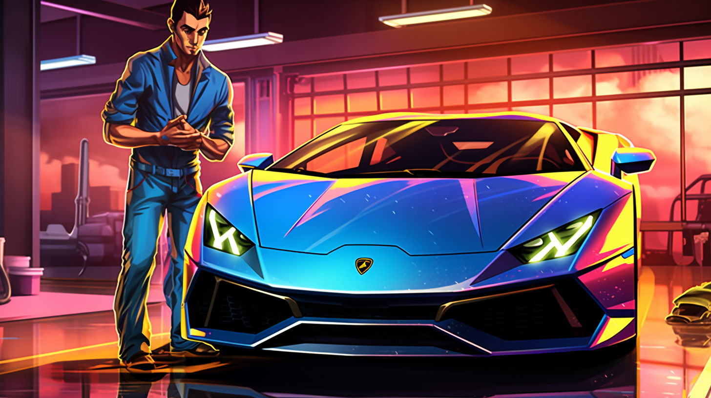 Person applying color-changing wrap on Lamborghini