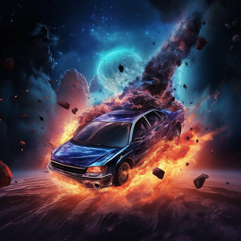 Upside Down Car on Fire in Space