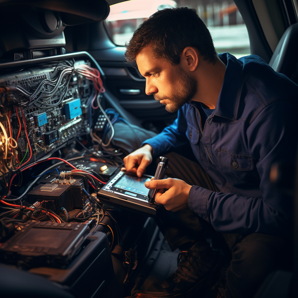 Technician searching for car GPS