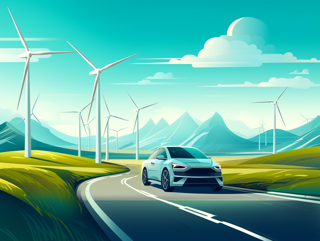 Electric car driving on mountain road with wind turbines