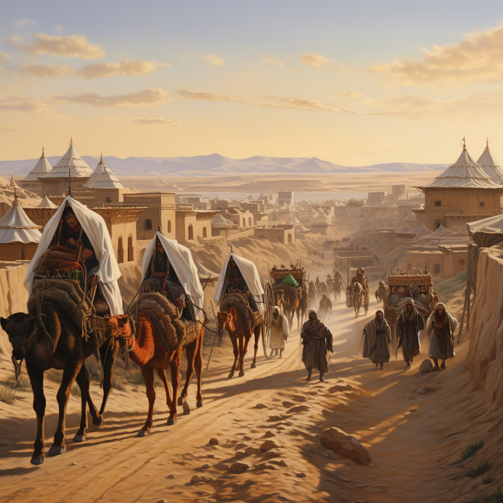 Caravan Moving on Silk Road Ancient Central Asian City Background