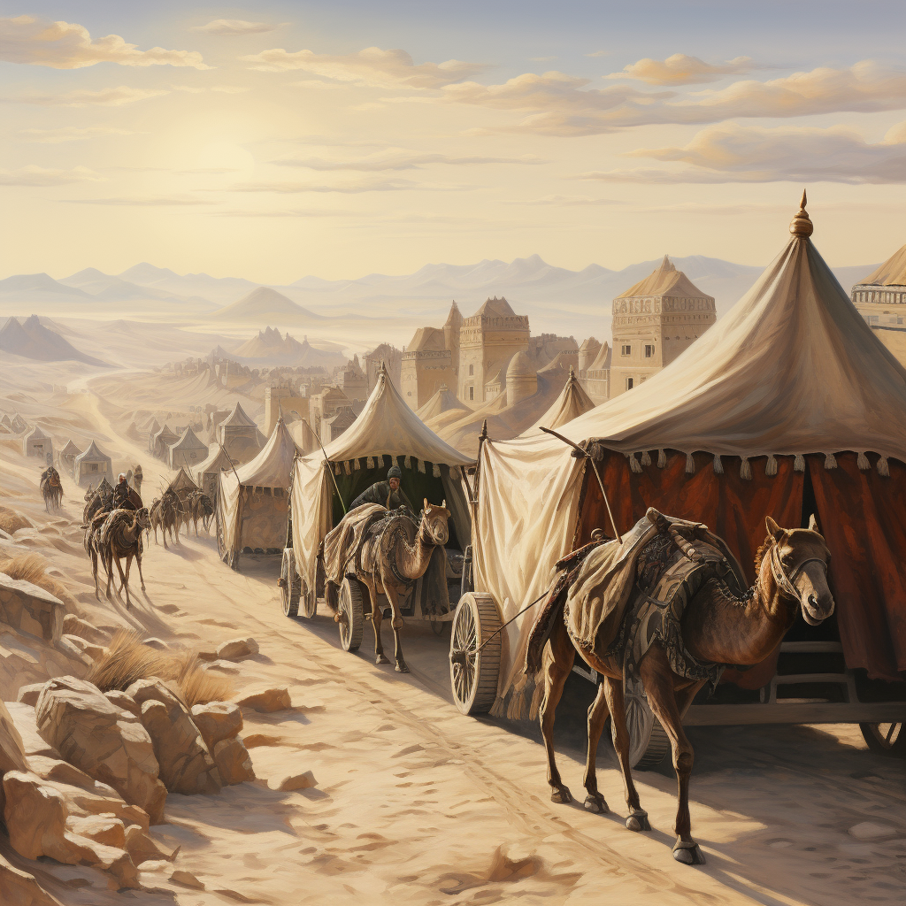 Caravan on the Silk Road with Ancient Central Asian City