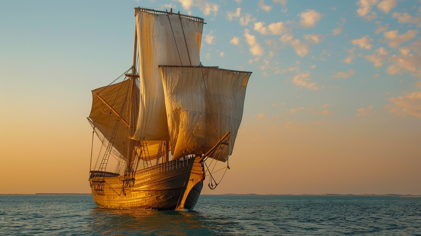 Caravel sailing in coastal waters of India