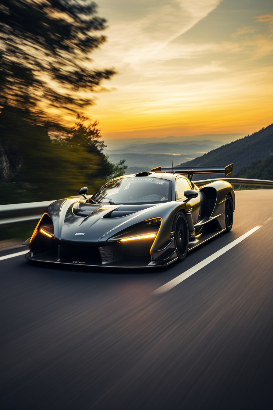 McLaren Senna GTR racing through scenic mountains