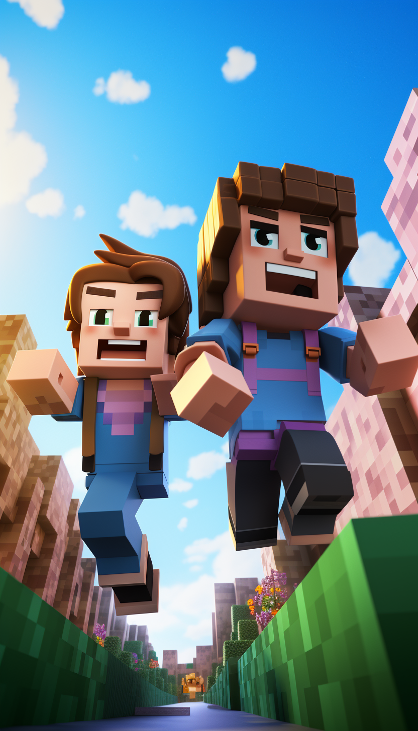 Carefree Minecraft characters playing outside together