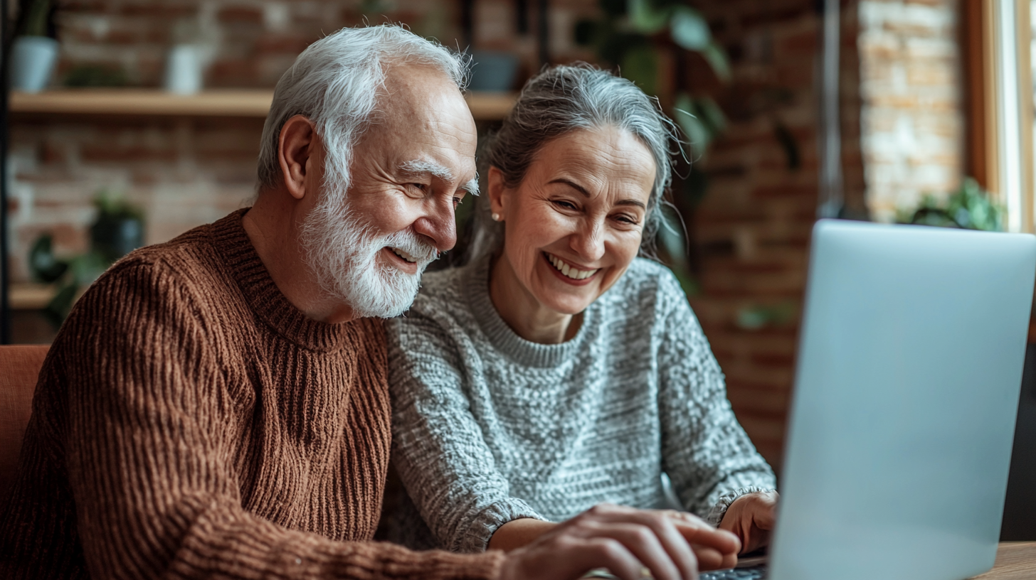 Caregiver and elderly person smiling at computer