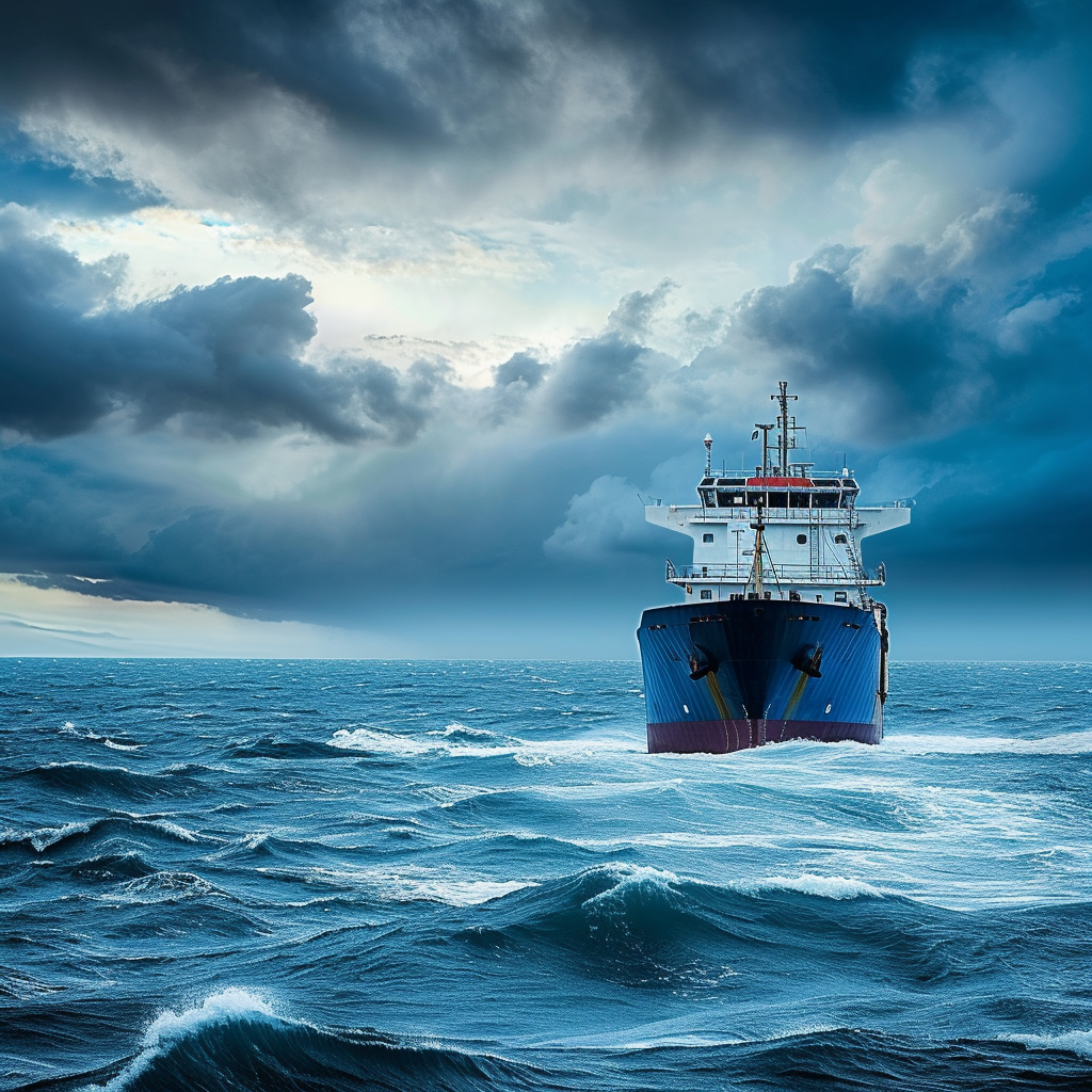 Dark Blue Cargo Ship on Choppy Seas