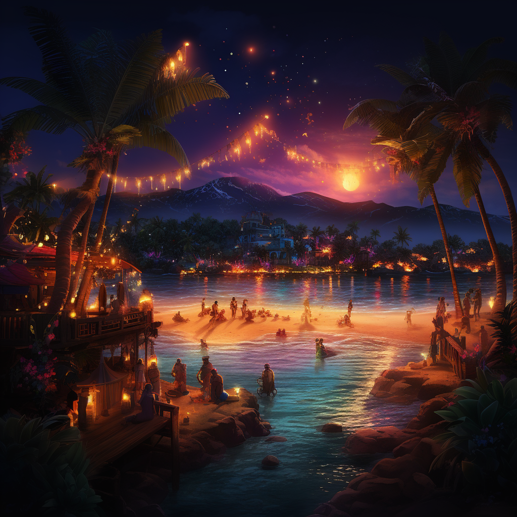 Caribbean beach party illustration night time illumination