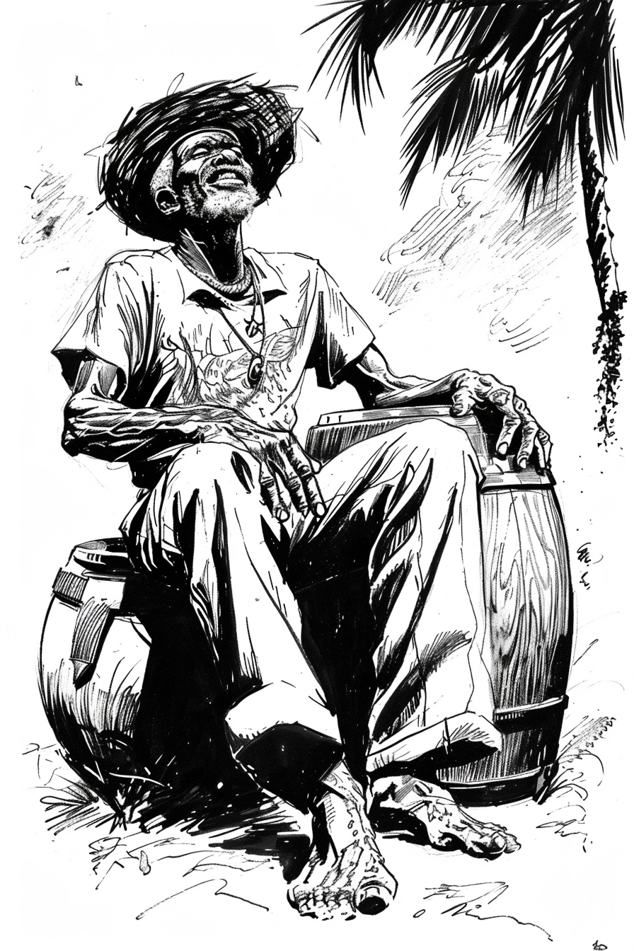 Caribbean man playing bongo in black and white