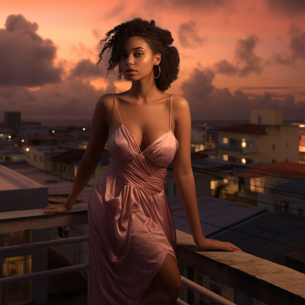 Elegant Caribbean woman in pink dress at twilight