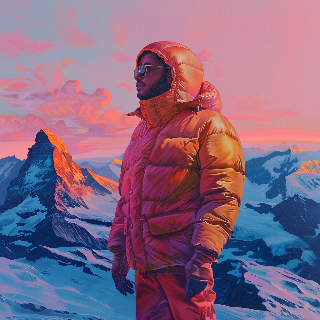 Man Puffy Jacket Mountains Art