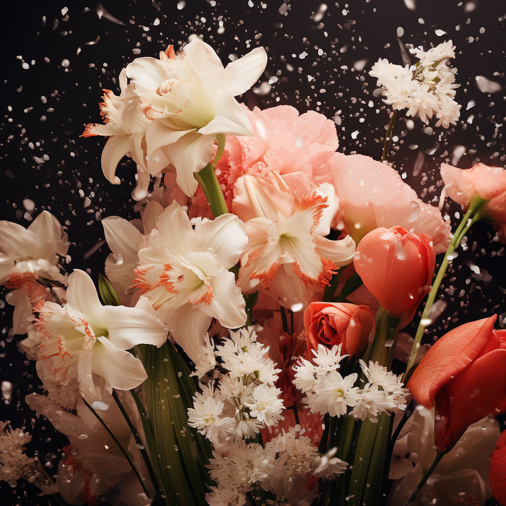 Colorful carnations and delicate snowdrops in bloom