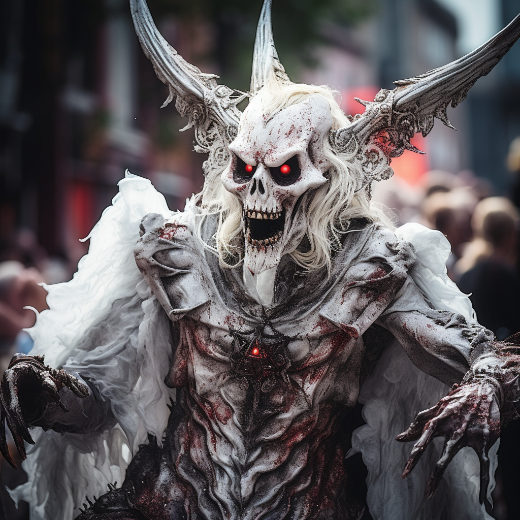 Funny devil in angel costume at carnival