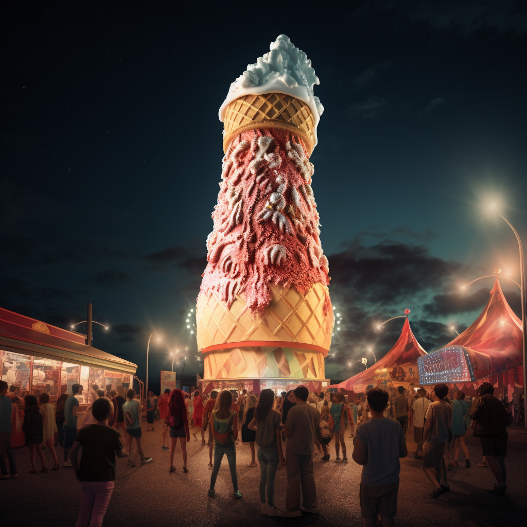 Colorful giant ice cream cone at night