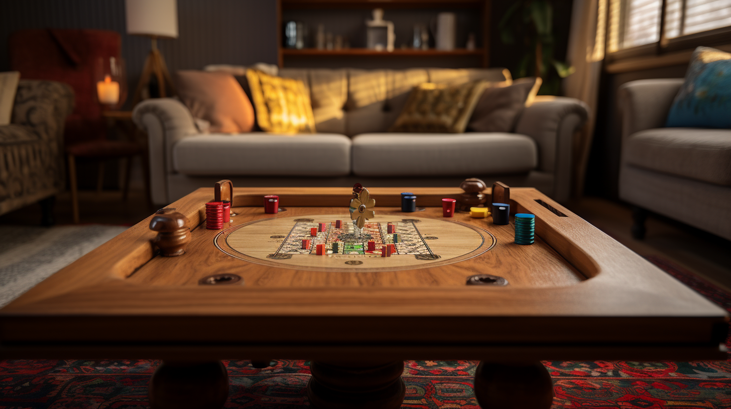 Carrom board and video game controller in a living room