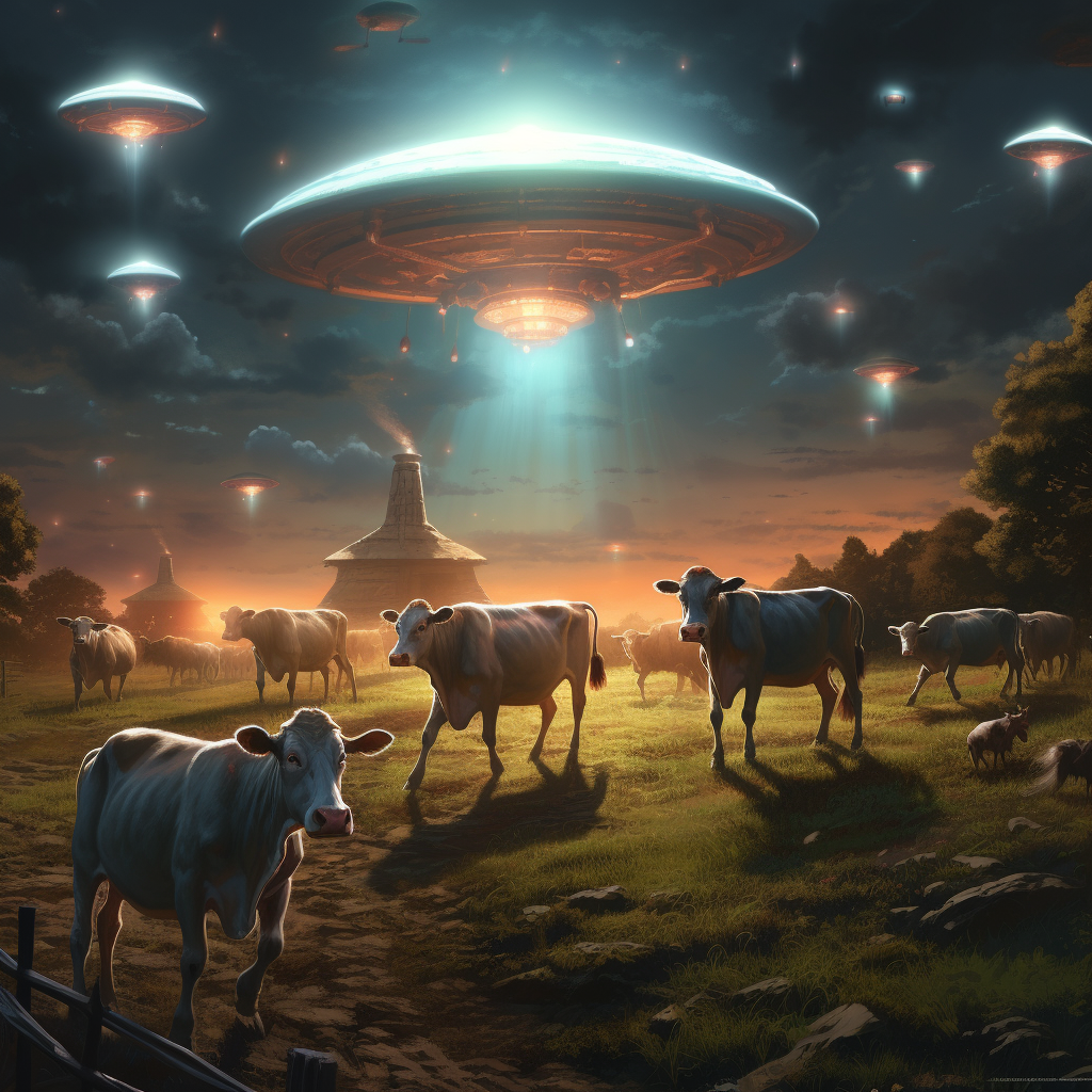 Cartoon Aliens Abducting Cows in Field