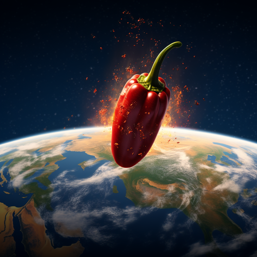 Cartoon chilli planet entering Earth's atmosphere