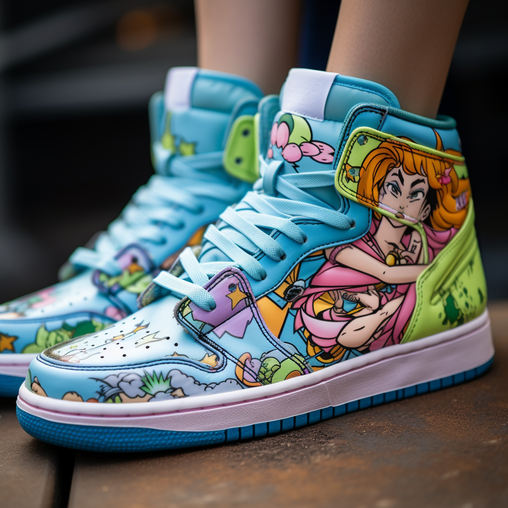 Colorful cartoon anime hand with long painted nails on Jordan's sneakers