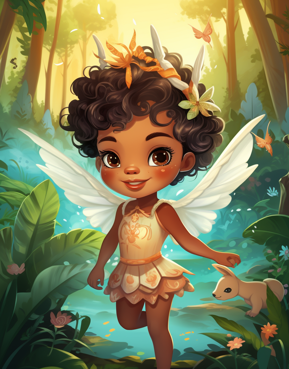 Baby fairy with unicorn horn in nature