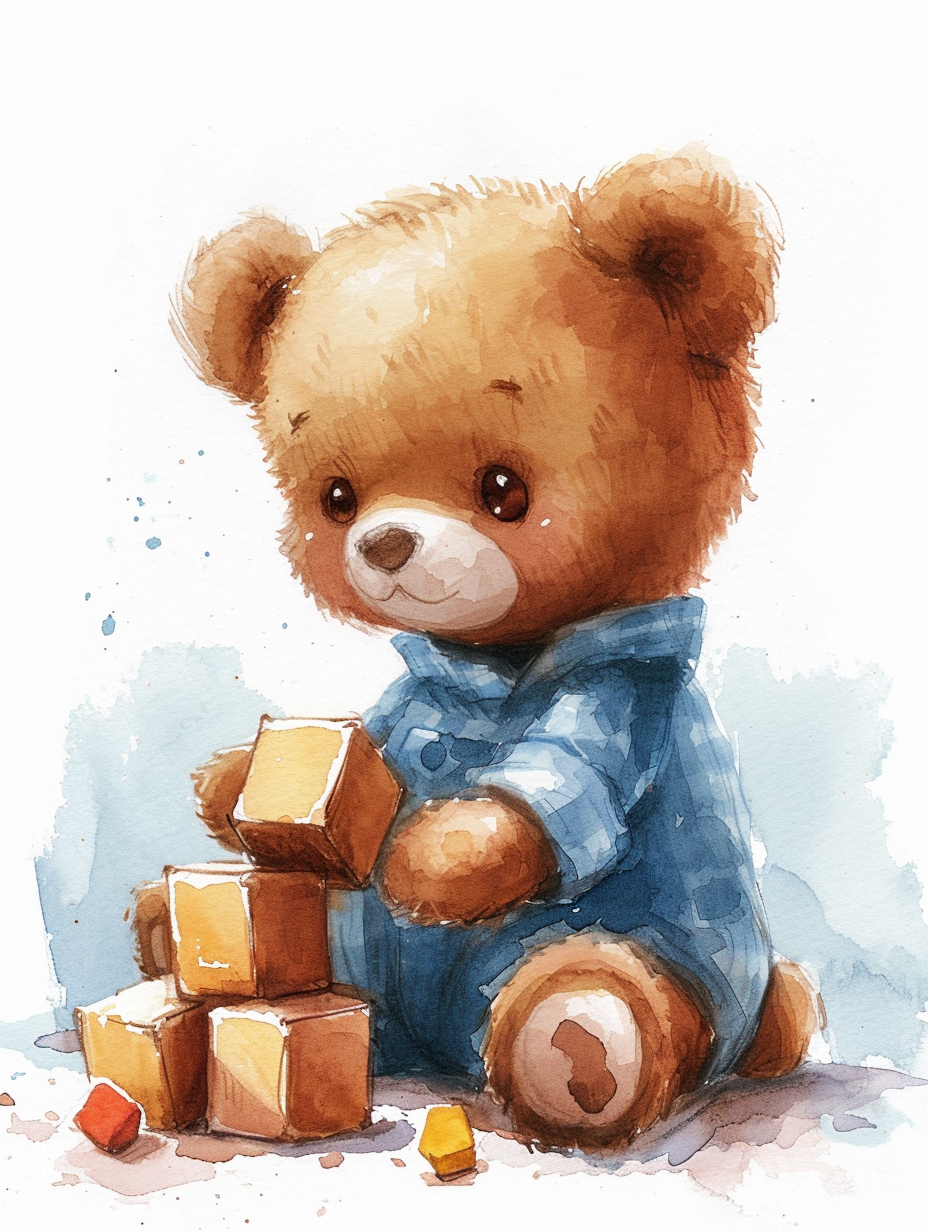 Baby teddy bear playing with cubes