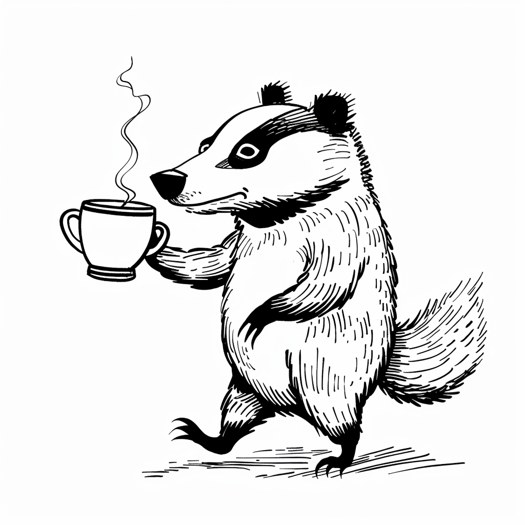 Cartoon badger drinking coffee happily