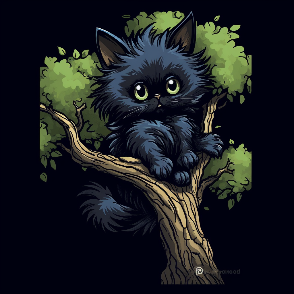 Adorable black kitten clinging to tree