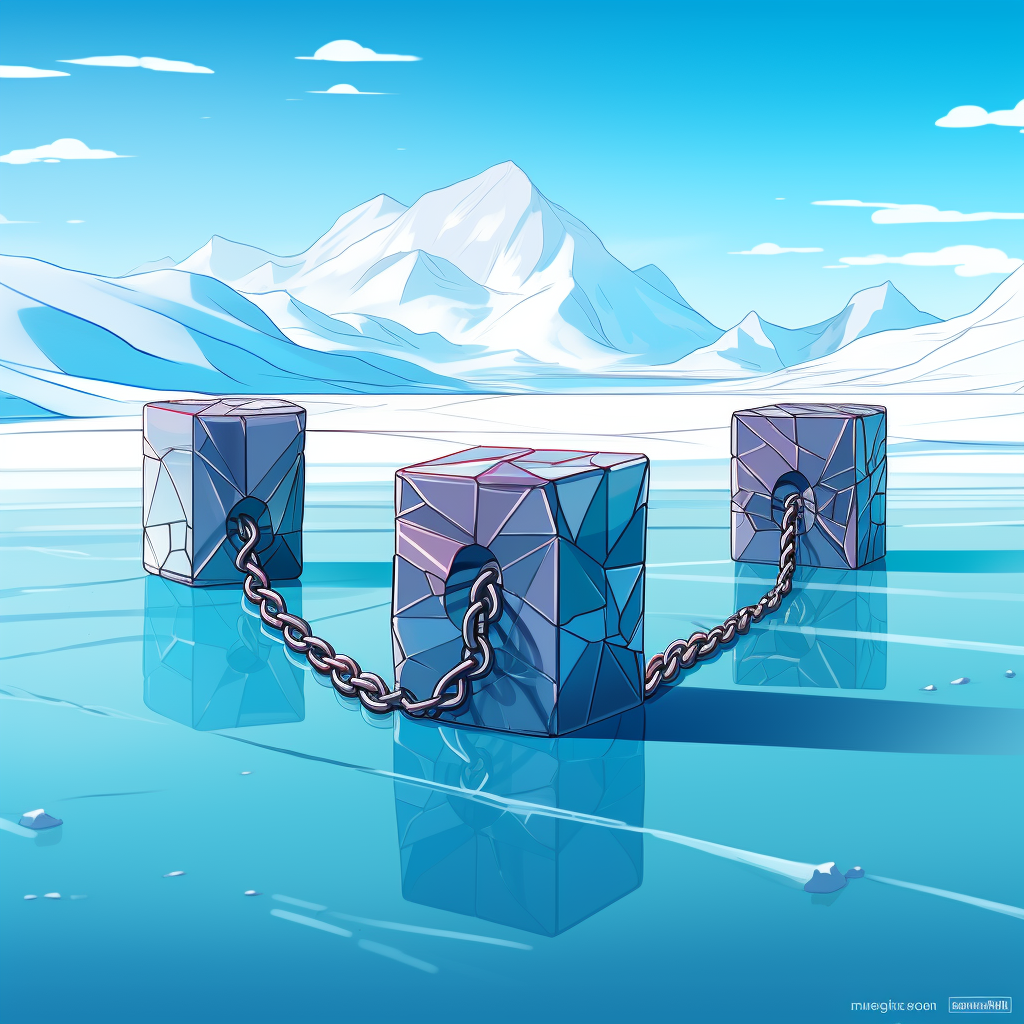 Cartoon blocks of ice on frozen lake and mountains blockchain