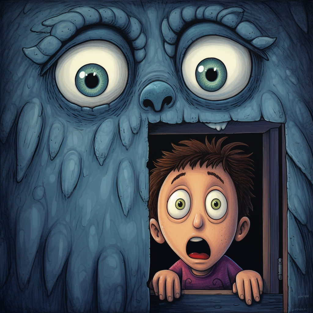 Cartoon boy frightened by closet monster