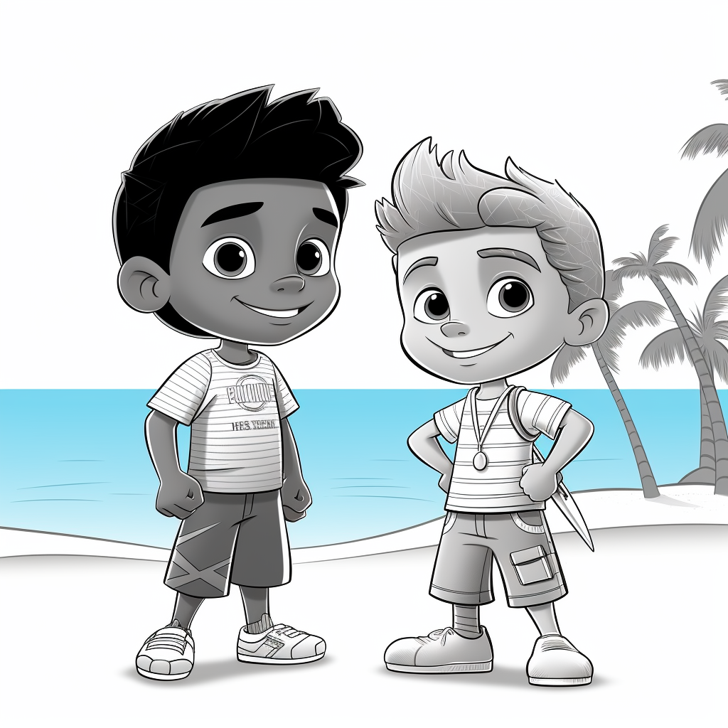 Cartoon boy meeting his surf instructor