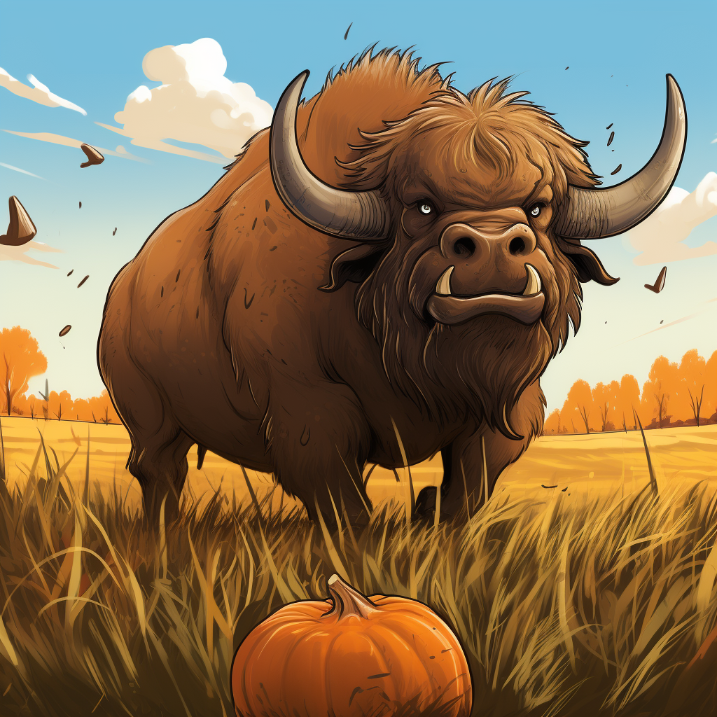 Cartoon buffalo carving pumpkin in grass plain