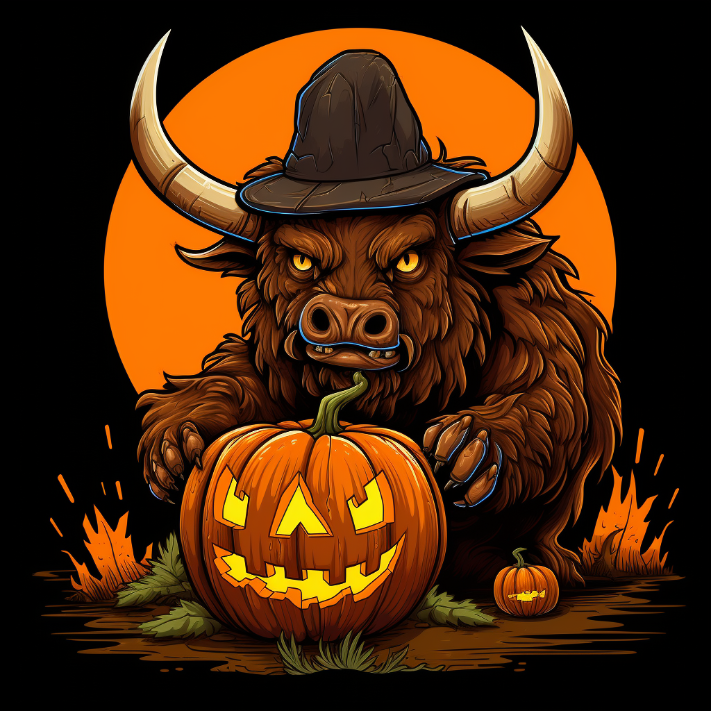 Cute buffalo carving a pumpkin