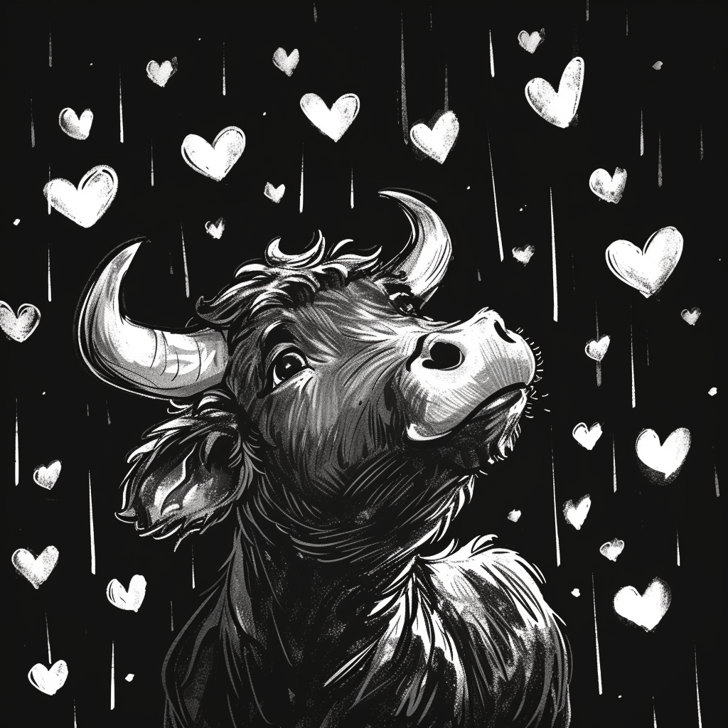 Cartoon Bull in Rain of Hearts