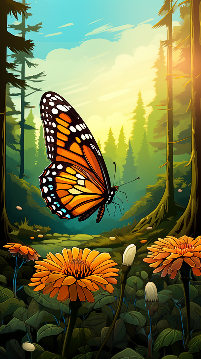 Cartoon butterfly on flower in forest