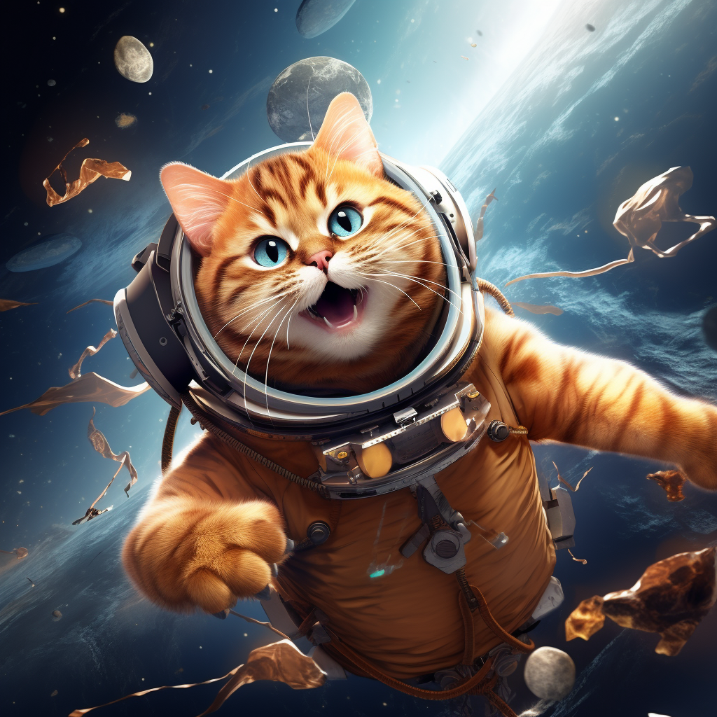 Cartoon cat doing marketing in space