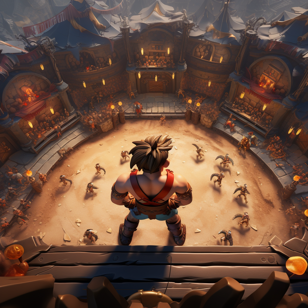 Cartoon character battling in an arena