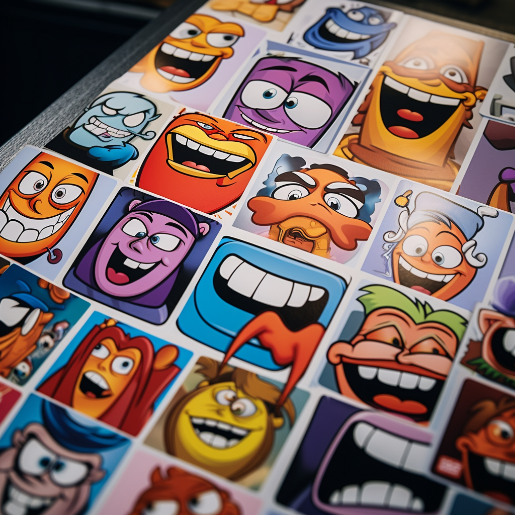 Colorful cartoon character stickers with humor