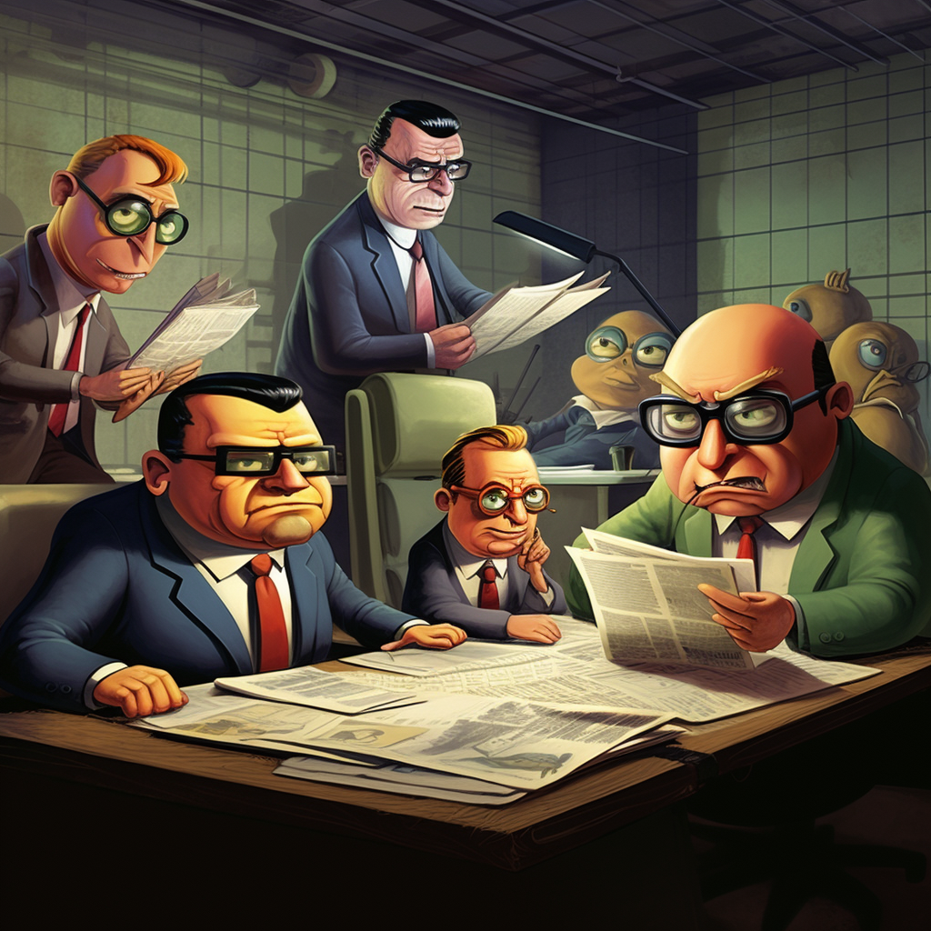 Cartoon characters planning secret corporate heist