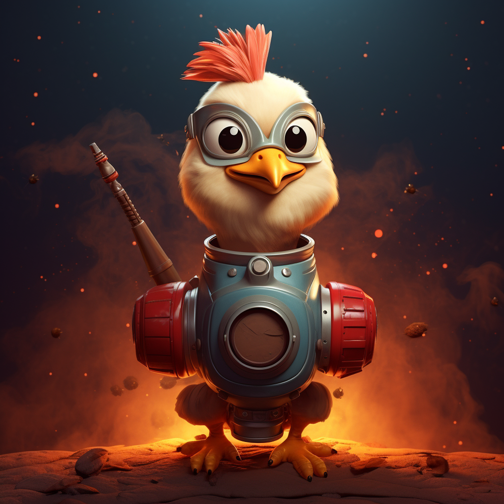 Cartoon chicken sitting on rocket