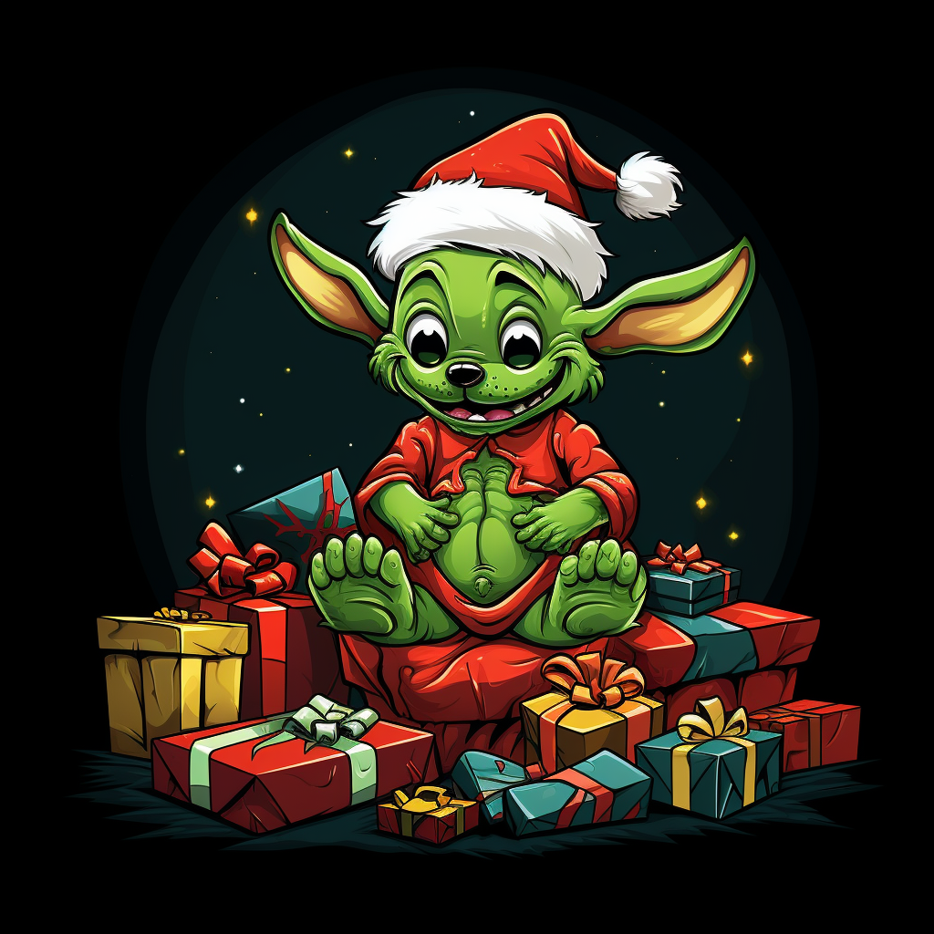 Cartoon Christmas Tree with Smiling Stitch Grinch Santa