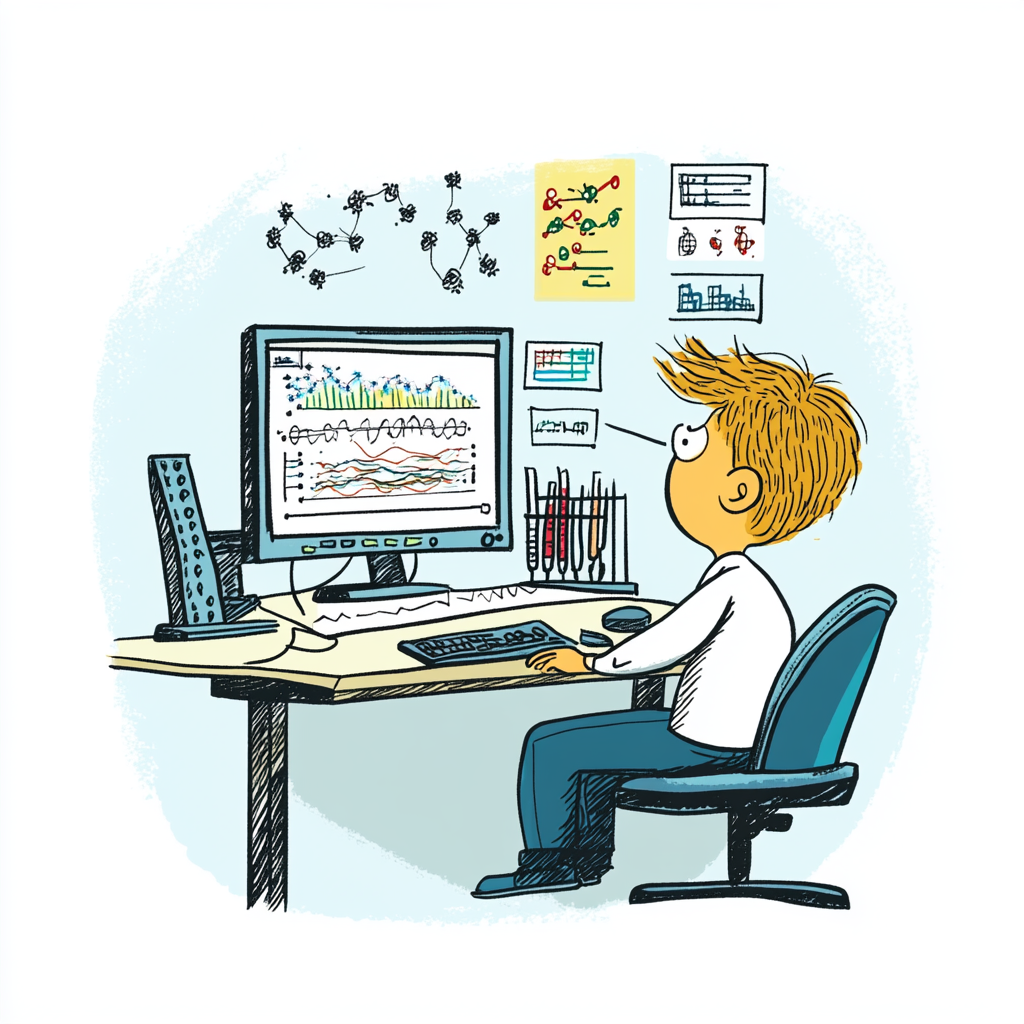 computer analyzing bioinformatics data cartoon