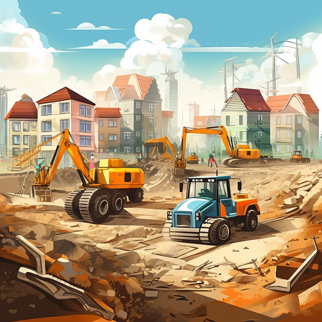 Cartoon construction site workers and foundations