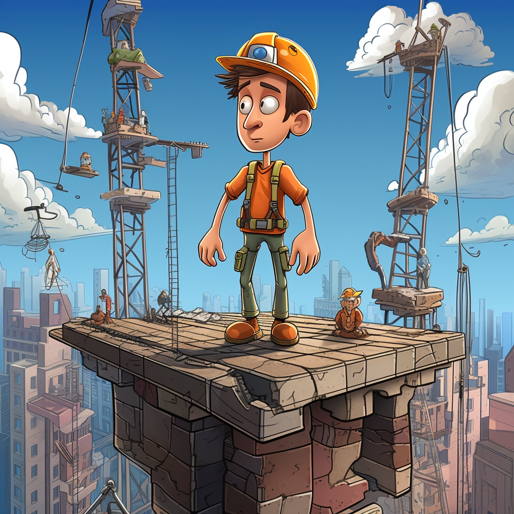 Cartoon construction worker on edge without safety harness