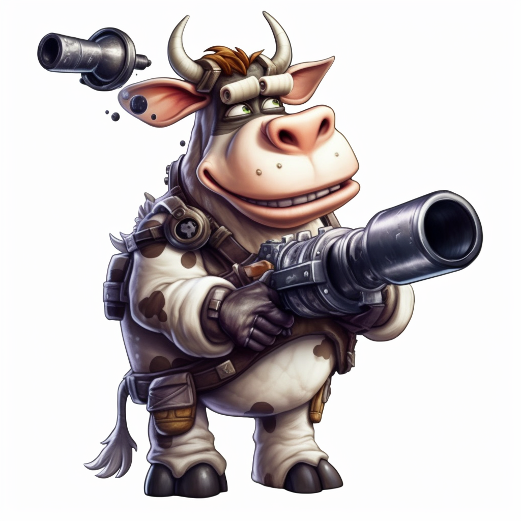 Cartoon cow with bazooka weapon