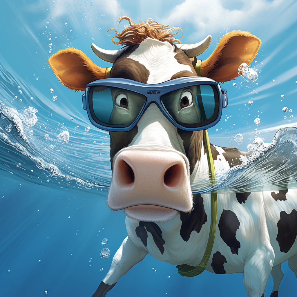 Cartoon cow underwater with dive goggles and snorkel