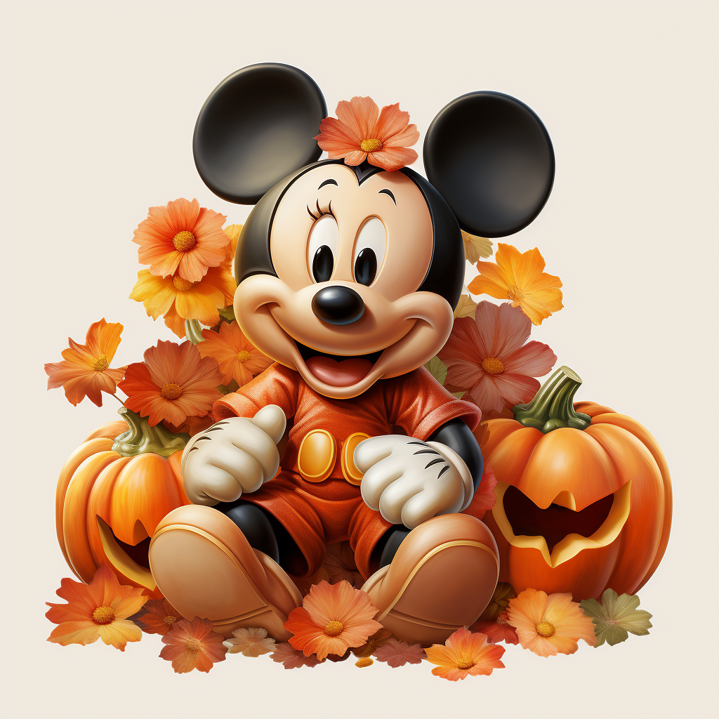 Cartoon of cute Mickey Mouse with flowers and pumpkins