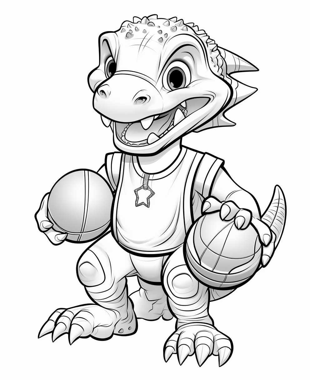 Cartoon dinosaur playing sports in jerseys