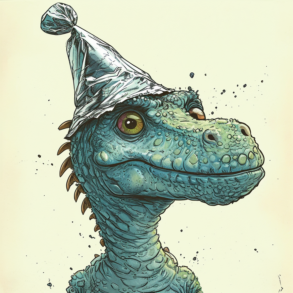 Cartoon dinosaur wearing tin foil hat