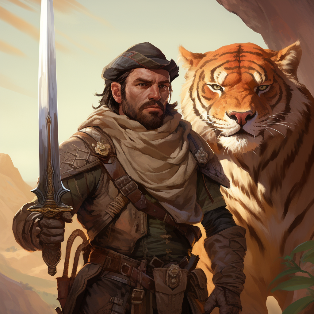 Cartoon DnD ranger with greatsword and smilodon companion