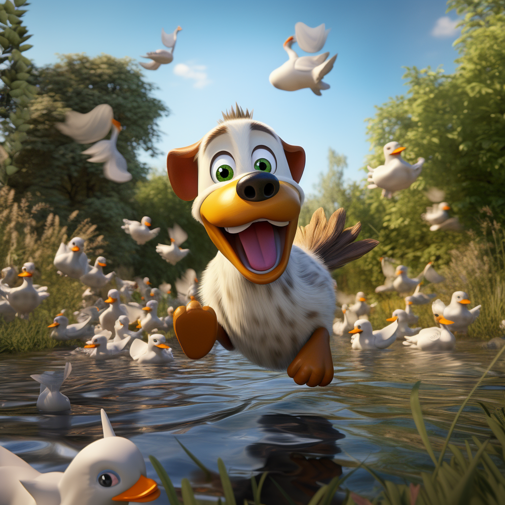 Cute cartoon dog chased by ducks